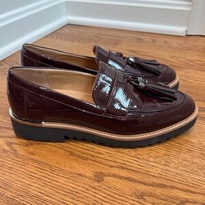 Franco Sarto Loafers Womens 7.5M Burgundy Patent Leather Tassel Lug Sole Shoes